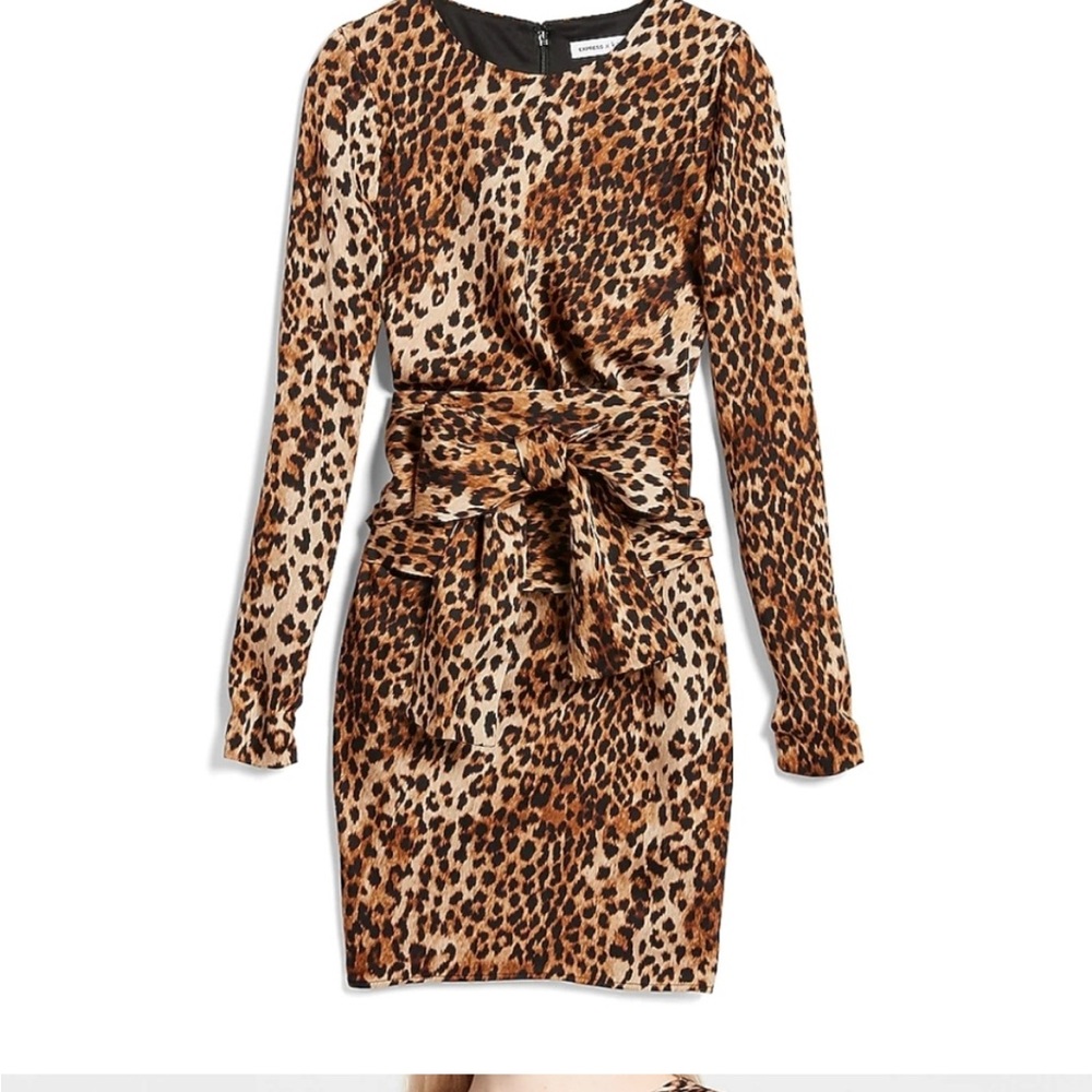 X Karla Leopard Print Long Sleeve Bow Sheath Dress